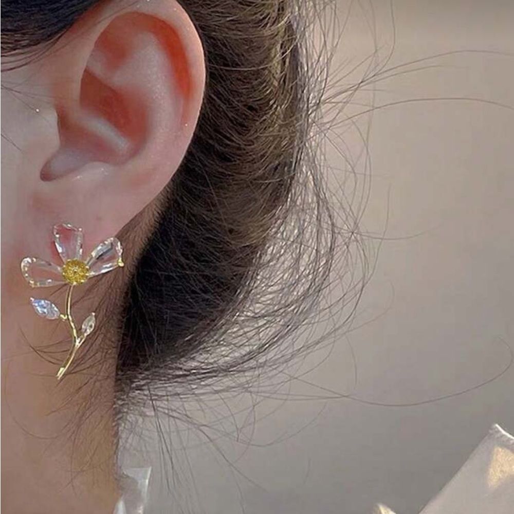 Gold Floral Crystal Drop Earrings - Yellow Center R354